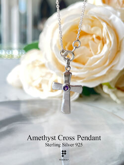 จี้กางเขนเรียบฝังหุ้ม Amethyst 2.5mm เม็ดเดียว