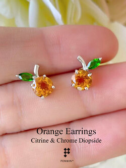 ต่างหูส้ม ซิทริน (Citrine) แซมใบ พลอยกรีนโครมไดออฟไซด์ (Chrome Diopside) สวยน่ารัก เงินแท้ 925 ชุบทองคำขาว