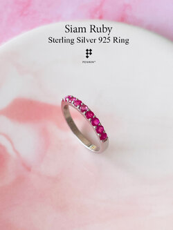 แหวนทับทิมสยามแบบแถวเรียง 9 เม็ด สวยเรียบง่าย เงินแท้ชุบทองคำขาว