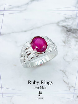 แหวนทับทิมสำหรับผู้ชาย ทับทิมแอฟริกา เผาใหม่ เงินแท้ชุบทองคำขาว ลายสายนาฬิกา สวย เท่ เสริมพลังอำนาจ โชคลาภ