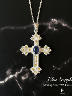 กางเขนพลอยไพลิน (Blue Sapphire) 7x5mm ปลาย3แฉก แซมบุษราคัม 1.5mm 19 เม็ด ขนาด 2.8x4cm