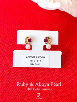 ต่างหูทองคำแท้ 18K พระจันทร์ ทับทิม ไข่มุกญี่ปุ่นอาโกย่า สวยน่ารักแบบมินิมอล