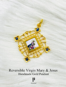 จี้แม่พระกรอบทองกระเบื้องเคลือบอิตาลี แม่พระนิจจานุเคราะห์/พระเยซู ประดับไพลิน ทอง 90 ฉลุลาย