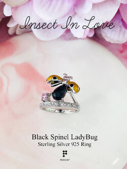 Insect In Love แหวนเต่าทองปีกสีเหลือง พลอยนิล พิ้งค์ ทัวร์มาลีน ลงยาสี Enamel เงินแท้ชุบทองคำขาว