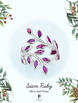 แหวนใบมะกอกทับทิมมาคี ช่อ 8 ใบก้านเพชรสวิส CZ เงินแท้ 925 ชุบทองขาว นำโชคลาภ ความสุข และความสำเร็จ