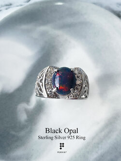 AXION: BLACK OPAL แหวนโอปอลสีดำ (Black Opal) แซมเพชรสวิส CZ ก้านฉลุลาย แบบหรู เท่ มีสไตล์