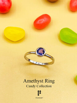 Candy Collection: แหวนอเมทิสต์ (Amethyst) เม็ดเดี่ยว 5mm ฝังหุ้ม เงินแท้ 925 ชุบทองคำขาว