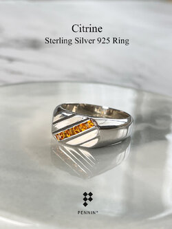 KARL: แหวนพลอยผู้ชาย ซิทริน เงินแท้ 925 ชุบทองคำขาว หน้าสี่เหลี่ยมพลอยเฉียง ให้ลุคเท่ ทันสมัย