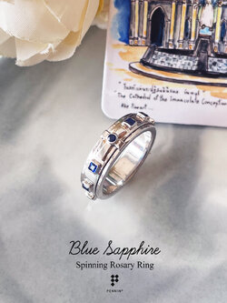 แหวนประคำ แหวนสวดภาวนาคริสต์ หมุนได้ ไพลินสี่เหลี่ยม 2mm เงินแท้ Blue Sapphire: Spinning Rosary Ring