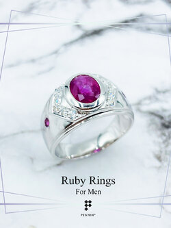 แหวนทับทิมสำหรับผู้ชาย ทับทิมแอฟริกา เผาใหม่ แซมเพชรสวิส CZ และทับทิมสยาม เงินแท้ชุบทองคำขาว สวย เท่ เสริมพลังอำนาจ โชคลาภ