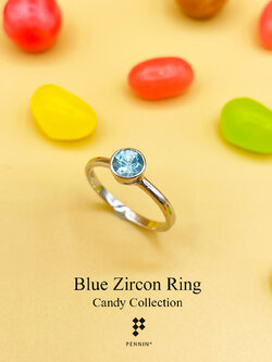 Candy Collection: แหวนเพทายฟ้า (Blue Zircon) เม็ดเดี่ยว 5.3mm ฝังหุ้ม เงินแท้ 925 ชุบทองคำขาว