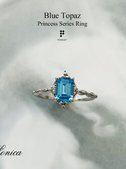 MONICA: แหวนโทแพซสีฟ้า (Blue Topaz) ดีไซน์แนววินเทจ เจ้าหญิง เงินแท้ชุบทองคำขาว