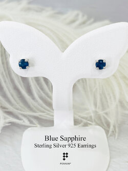 E15820 ต่างหูไพลิน จันทบุรี เผาเก่า กลม 4mm เม็ดเดี่ยว แบบเสียบ ฝังหนามเตย เงินชุบทองคำขาว