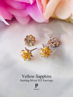 ต่างหูดอกพิกุลบุษราคัมแซมใบเงิน Flower Yellow Sapphire Earrings เงินแท้ 925 ชุบทองคำขาว