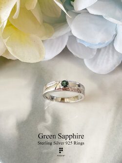 แหวนพลอยแท้ มรกตเขียวส่อง (Green Sapphire) เงินแท้ 925 ชุบทองคำขาว ทรงปลอกมีด แข็งแรง สง่างาม