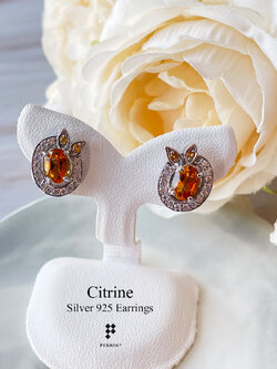 ต่างหูซิทริน Citrine 7x5mm ผูกโบว์ ประดับพลอยซิทริน ล้อมเพชรสวิส CZ เกรด TOP 6A เงินแท้ชุบทองคำขาว แบบสวยน่ารัก