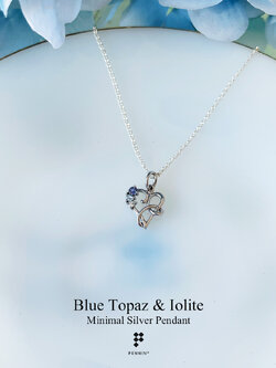 จี้พลอยบลูโทแพซ (Blue Topaz) ไอโอไลต์ (Iolite) รูปหัวใจ แบบหวานน่ารัก มินิมอล พร้อมสร้อยเงิน 16 นิ้ว
