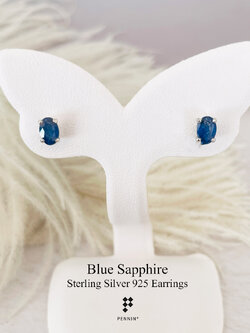 E18820 ต่างหูไพลิน กาญจนบุรี รูปไข่ 5x4mm ฝังหนามเตย เม็ดเดี่ยว แบบเสียบ เงินชุบทองคำขาว