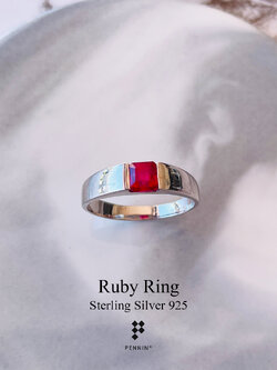 แหวนทับทิม เผาใหม่ แอฟริกา จตุรัส 5mm เงินแท้ 925 ชุบทองคำขาว แบบเรียบเท่ ใส่ได้ทุกเพศ ทุกวัย