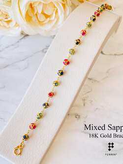 สร้อยข้อมือตะกร้อทองคำ 18K ทับทิมพม่า ไพลิน เขียวส่อง ตะกร้อ 6mm คั่นโซ่ทอง ยาว 18 cm (แก้ขนาดได้)