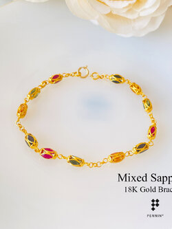 สร้อยข้อมือทองแท้ 18K รูปข้องยาวพลอยมาคี 4 สี ทับทิม ไพลิน บุษราคัม เขียวส่อง ยาว 18 cm (แก้ขนาดได้)