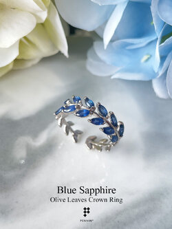 แหวนมงกุฎช่อมะกอก ไม่เต็มวง พลอยไพลิน จันทบุรี (Blue Sapphire) นำชัยชนะและความสำเร็จ (ปรับขนาดได้ #50-57)