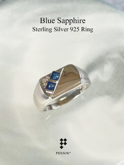 EVAN: แหวนพลอยผู้ชาย ไพลิน จันทบุรี สี่เหลี่ยม เงินแท้ 925 ชุบทองคำขาว ให้ลุคเท่ ทันสมัย