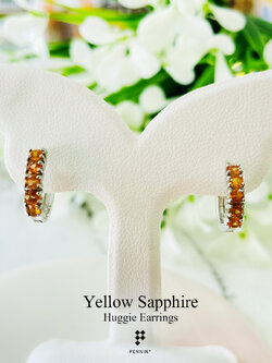 ต่างหูบุษราคัม ฝังหนามเตย แบบห่วงคลิป แข็งแรง ไม่หลุดง่าย เงินแท้ 925 ชุบทองขาว เสริมโชคลาภ