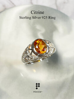 JAKE: แหวนพลอยผู้ชาย ซิทริน เงินแท้ 925 ชุบทองคำขาว แซมเพชรสวิส CZ ลวดลายโครงเหล็ก รูปตัว Y